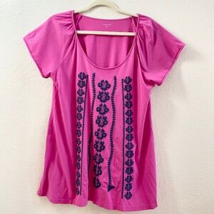 Garnet Hill Womens Pink Embroidered Short Sleeve Scoop Neck Tunic Top Size M